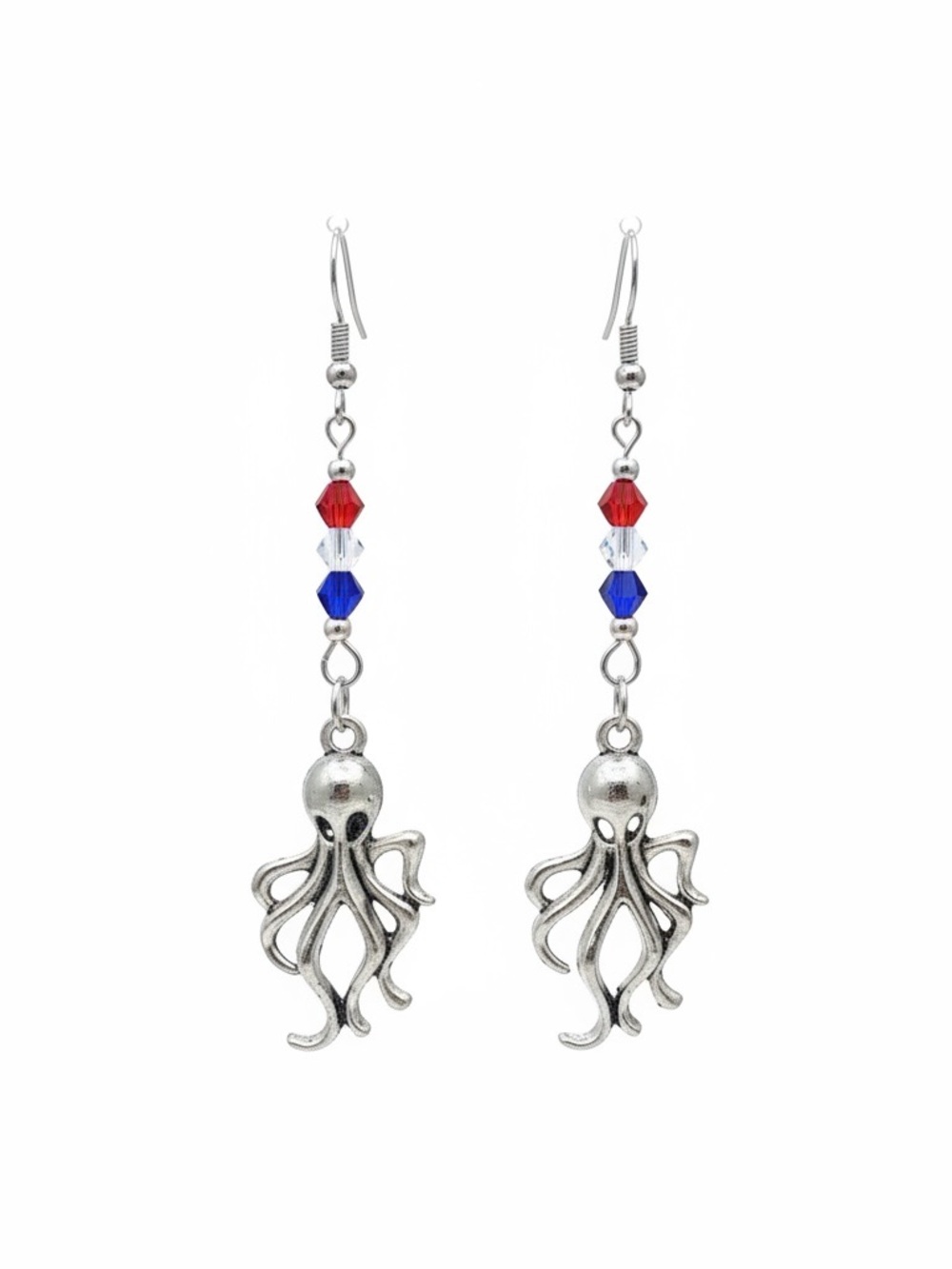 Silver Patriotic Octopus Dangle Earrings with Red and Blue Crystal Beads